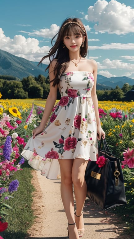 1 girl, solo, long hair, looking at viewer, bangs, brown hair, strapless, full body, colorful floral dress, gold high heels, outdoors, clouds in the sky, mountain view, flower field, headband, open lips, lips, real, 16 years old, 150 cm tall, adorable smile, teeth, earrings, necklace, shoulder bag, Leonardo