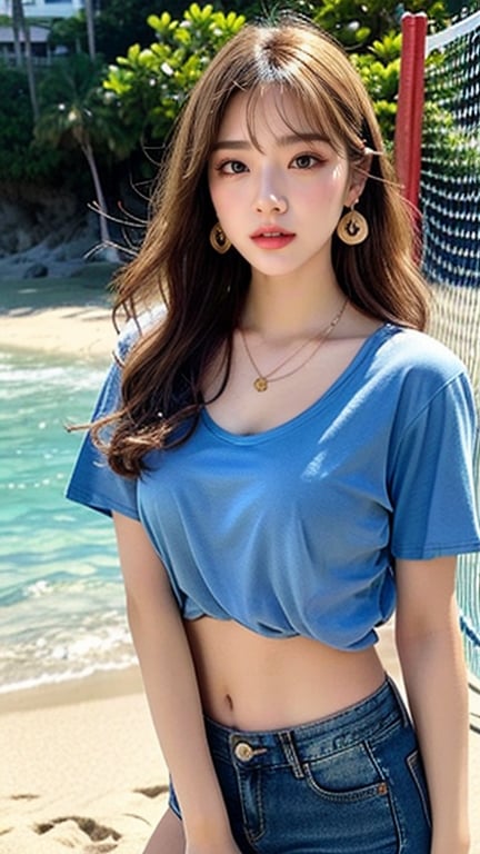Korean female, 16 years old, long blonde shiny fairy hair, oversized t-shirt in Karaul, shorts, blue jeans, started playing beach volleyball, smiling, blue eyes, beautiful face, smiling, laughing out loud , wearing a necklace and earrings, (Luanmei), smiling,