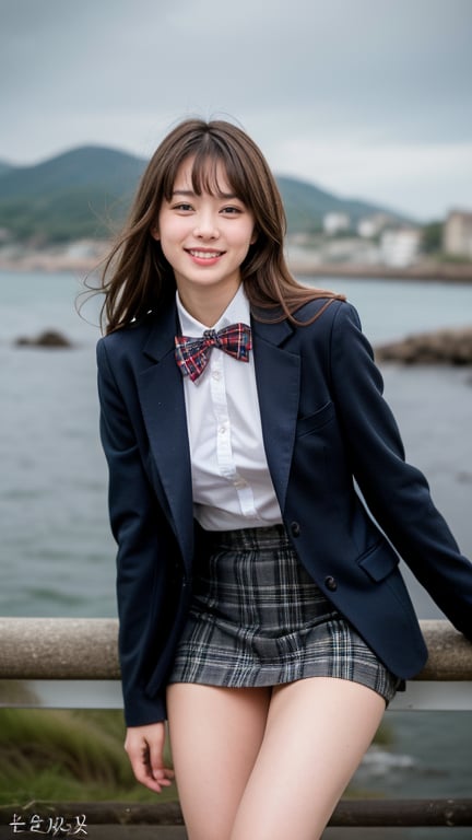 Ultra-realistic portrait of an 18 year old girl with long beautiful hair. She wears a uniform light brown blazer over her white shirt, complete with a tartan tie and tartan skirt. She produces images. Her brown hair is complemented by her blunt bangs that frame her face. She stands calmly on the shore near the sea with a gentle smile, and her blue eyes radiate warmth. Her discreet red ribbon adds a charming touch to her uniform attire. A smile, knee-length tights,