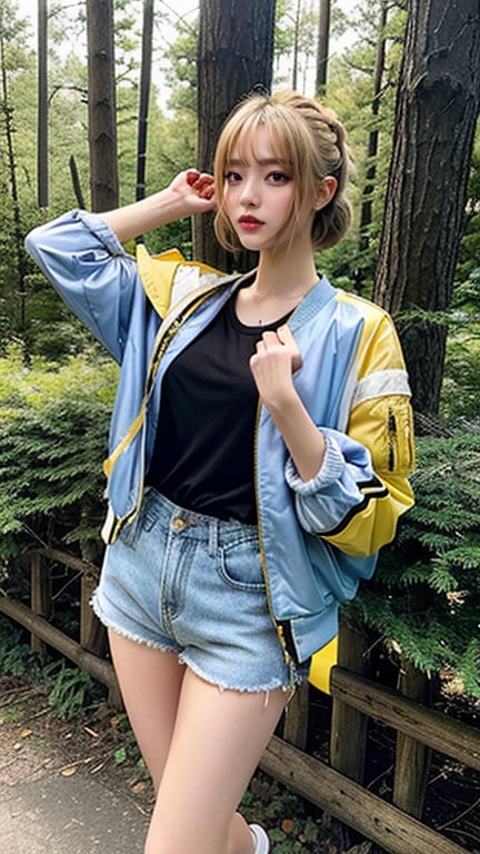 18 year old Korean woman, blonde pixie shorts hairstyle, oversized yellow jacket, bomber M1, shorts, blue jeans, white sneakers, all forest background, smiling, (Ruan-mei)