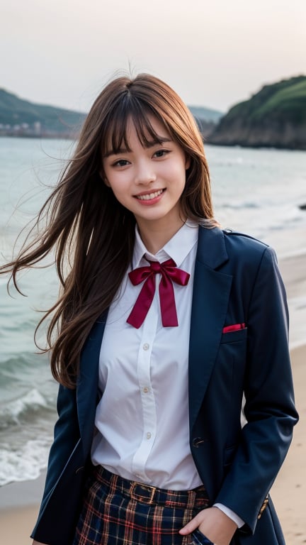 Hyper-realistic portrait of an 18 year old girl with beautiful hair. She wears a uniform light brown blazer over a white shirt, complete with a tartan tie and tartan skirt. She creates images. Her brown one-length hair is complemented by her blunt bangs that frame her face. She stands calmly on the shore near the sea with a gentle smile, and her blue eyes radiate warmth. Her discreet red ribbon adds a charming touch to her uniform attire. nice smile, teeth,