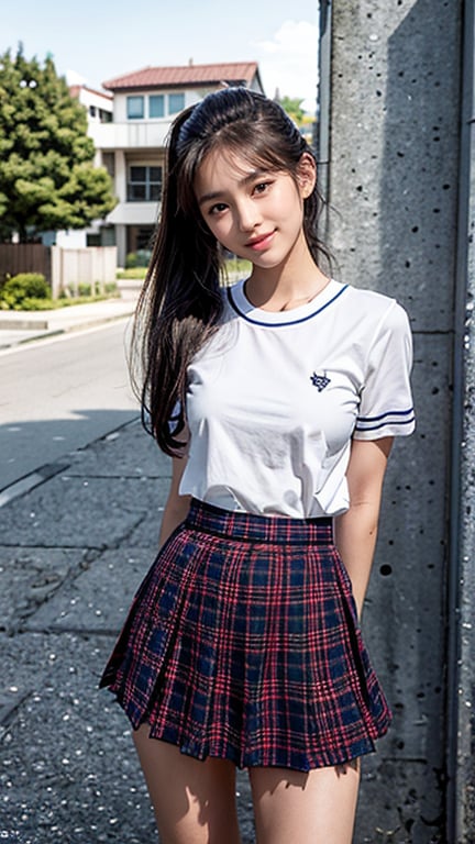 Shot: Standing, leaning slightly to the right. Composition: Center frame shot with the school gate in the background, soft focus. Lighting: Natural morning light casting gentle shadows on faces and uniforms. Subject: A super beautiful woman wearing her short-sleeved sailor suit and extremely short tartan plaid skirt, showing off her slender figure and her whole body. Characteristics: Beautiful skin with a glossy complexion and white tone, super slim face with no make-up, 16 years old, double eyelids, small nose, thin lips, fluffy hair styled in a layered ponytail. Pose: Standing proudly in front of the school gate, emphasizing her wonderful smile, teeth, and presence.