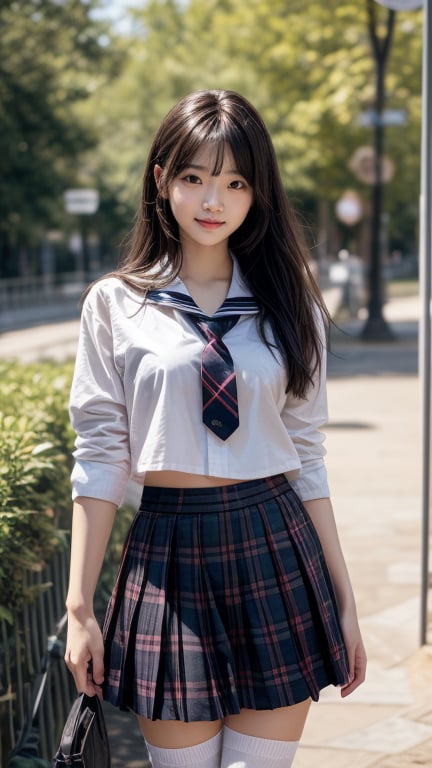 (Masterpiece), (Top Quality), (Super Detailed), (Very Detailed), (Perfect Anatomy), (Super Detailed Skin), (Detailed), (Beautifully Detailed Eyes), 1 Girl, 16 years old, solo, black hair, very long hair, blunt bangs, black eyes, (plaid skirt), skirt, (uniform), (white shirt), (sailor uniform: 1.1), partially white socks, white sneakers , (plaid tie), curvaceous, eyebrows, sideways glance, park, forest and flower garden, body, nice smile, standing,