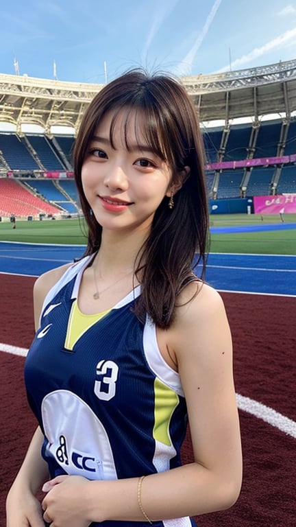 16-year-old Korean woman, smiling, long brown hair, Japanese female volleyball player's top and bottom equipment (ASICS), participating in the Olympic stadium in France, the cauldron is visible, the dove of peace is flying, earrings, necklace, 150cm, lovely smile, (Luanmei)