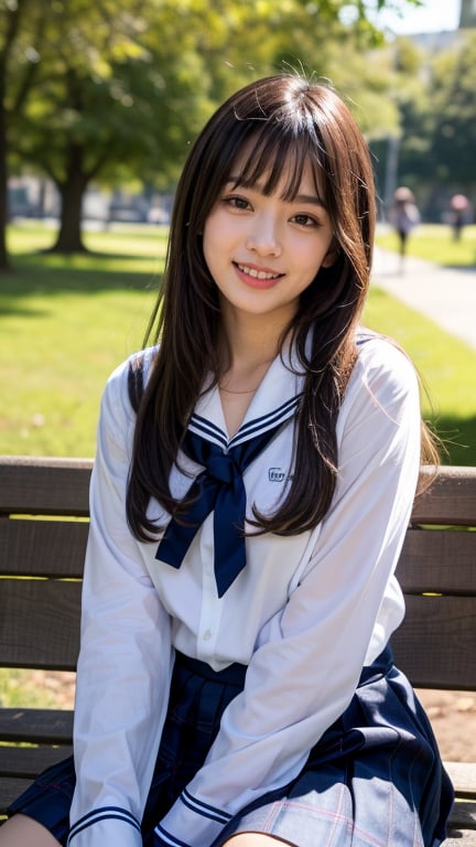 Surreal portrait of a 16 year old girl with long beautiful hair. She is wearing her school uniform, a sailor suit, with a white shirt, tartan tie, and skirt. She is painting an image. Her brown ponytail hair is complemented by her blunt bangs that frame her face. She is sitting on a white bench chair in the park, a gentle smile on her face and warmth radiating from her blue eyes. Her discreet red ribbon adds a charming touch to her uniform look. A smile, knee-length tights, a smile,