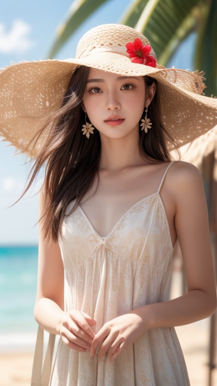 background is beach,sand,tropical forest,
20 yo, 1 girl, beautiful korean girl,standing,
wearing white simple summer dress(red flower pattern,strap),cloth flowing by wind, hold women hat with hands,smile, solo, {beautiful and detailed eyes}, dark eyes, calm expression, delicate facial features, ((model pose)), Glamor body type, (dark hair:1.2), simple tiny earrings, flim grain, realhands, masterpiece, Best Quality, 16k, photorealistic, ultra-detailed, finely detailed, high resolution, perfect dynamic composition, beautiful detailed eyes, eye smile, ((nervous and embarrassed)), sharp-focus, full_body, cowboy_shot,