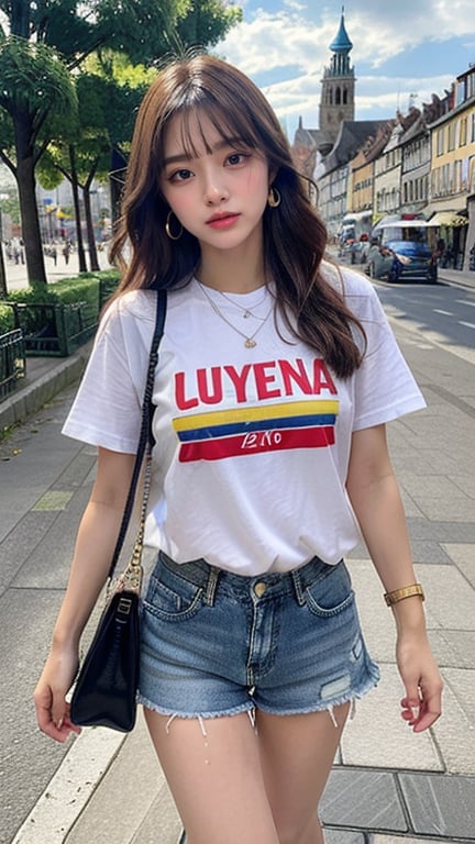 16 year old Korean woman, smiling, long brown hairstyle, simple and fashionable colorful T-shirt and shorts, blue jeans and sneakers, white sneakers, walking looking at the cityscape of Colmar, France, background, earrings , necklace, 150 cm,smile, (Luanmei)