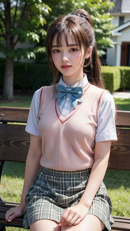 Masterpiece, Best Quality, High Resolution, 1 Female, Solo, Long Hair, Brown Hair, Ponytail, Parted Bangs, Blue Eyes, Uniform, Red Bow Tie, White Shirt, Short Sleeves, Pink Sweater Vest, Tartan Plaid Skirt, Sitting , outdoor, white bench, smiling, 16 years old,smile,