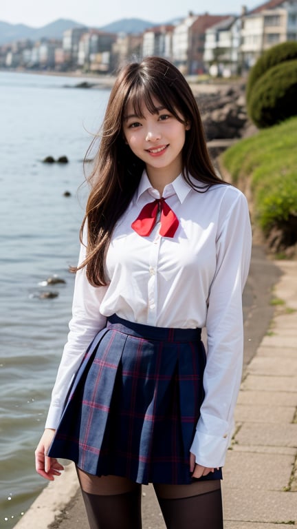 Surreal portrait of a 16 year old girl with long beautiful hair. She wears her school uniform's navy blue blazer over a white shirt, paired with a tartan tie and skirt. She is painting an image. Her brown hair is complemented by her blunt bangs that frame her face. She is standing quietly on the shore near the sea with a gentle smile on her face, her blue eyes radiating warmth. Her modest red ribbon adds a charming touch to her uniform attire. A smile, knee-length tights,