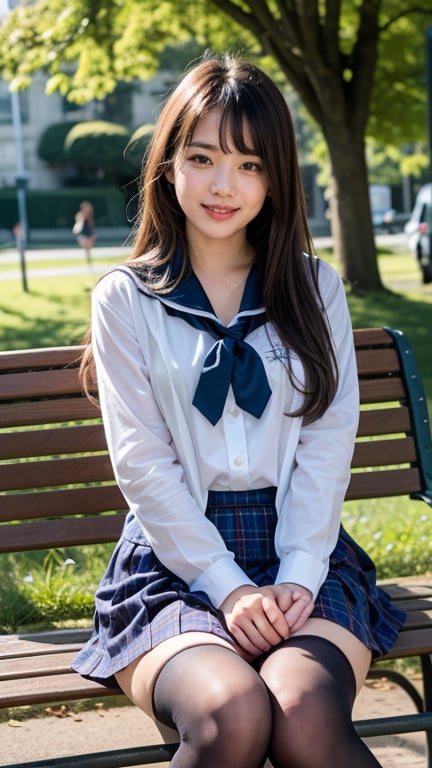 Surreal portrait of a 16 year old girl with long beautiful hair. She wears her school uniform, a sailor suit, with a white shirt, tartan tie, and skirt. She is painting an image. Her brown ponytail hair is complemented by her blunt bangs that frame her face. She is sitting on a white bench chair in the park, a gentle smile on her face and warmth radiating from her blue eyes. Her discreet red ribbon adds a charming touch to her uniform look. A smile, knee-length tights, a smile,