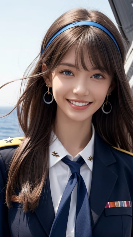 One girl, solo, long hair, looking at the viewer, teeth, smile, bangs, brown hair, realistic, tight uniform, navy uniform, military jacket, aircraft carrier deck, sea, upper body, next to a fighter jet Standing, realistic, middle of the chest, earrings, blue eyes, lips, ribbon headband, lips, ribbon, realistic, open lips, looks good in a fighter jet, 18 years old, has a nice smile,