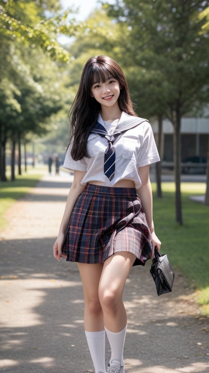 (Masterpiece), (Top Quality), (Super Detailed), (Very Detailed), (Perfect Anatomy), (Super Detailed Skin), (Detailed), (Beautifully Detailed Eyes), 1 Girl, 16 years old, solo, black hair, very long hair, blunt bangs, black eyes, (plaid skirt), skirt, (uniform), (white shirt), (sailor uniform: 1.1), partially white socks, white sneakers , (plaid tie), curvaceous, eyebrows, sideways glance, park, forest and flower garden, body, nice smile, standing,