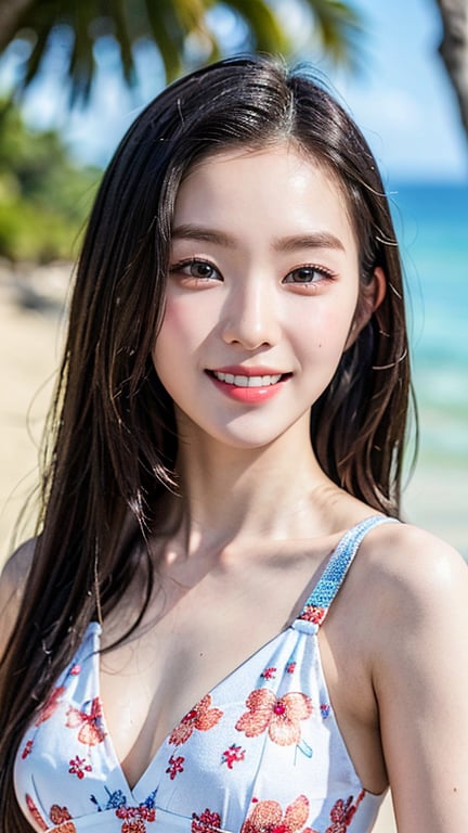 Highly Detailed Eyes, Highly Detailed Face, Top Quality, Tabletop, Highly Detailed, Highly Detailed, (Realistic, Photorealistic: 1.3), Smile, (Looking Ahead), Look at the Beholder, Flower patterned beach dress, 1 girl, beach, swimming, tropical, absurd, attractive, 16 years old, nice smile, hoshi