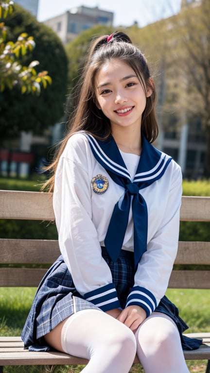 Surreal portrait of a 16 year old girl with long beautiful hair. She wears her school uniform, a sailor suit, with a white shirt, tartan tie, and skirt. She is painting an image. Her hair is in a brown ponytail, she is sitting on a white bench chair in the park, a gentle smile on her face and warmth radiating from her blue eyes. Her discreet red ribbon adds a charming touch to her uniform look. A smile, knee-length tights, a smile,