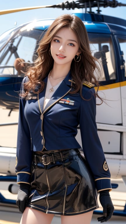 Helicopter, combat helicopter, helicopter, 18 years old, 1 girl, beautiful Korean girl, helicopter pilot, pilot suit (navy uniform), pilot jacket, dark blue tight skirt, combat boots, wearing gloves, standing nearby helicopter, solo, {beautifully detailed eyes}, blue eyes, calm expression, delicate features, ((model pose)), attractive figure, (brown hair: 1.2), knotted hair, waist Upper hair, curly hair, very long hair, simple small necklace, earrings, thin particles, real hands, masterpiece, top quality, 16k, photorealistic, super detailed, finely detailed, high resolution, perfect dynamic beautiful composition, beautifully detailed eyes, relaxed, sharp focus, full body, cowboy shot, nice smile, teeth,