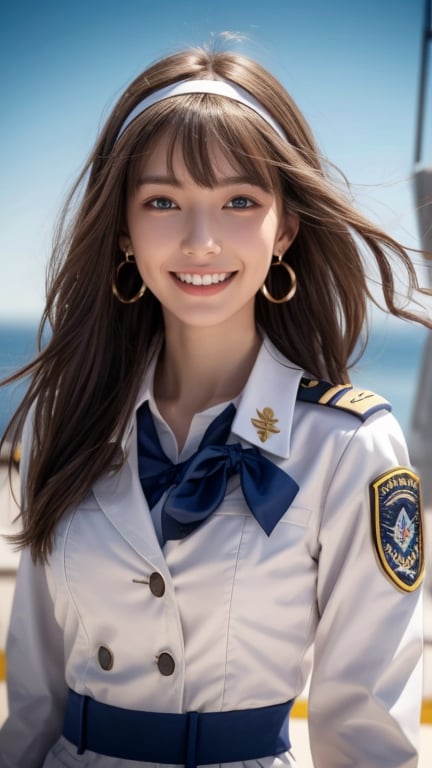 One girl, solo, long hair, looking at the viewer, teeth, smile, bangs, brown hair, realistic, tight uniform, navy uniform, military jacket, aircraft carrier deck, sea, upper body, next to a fighter jet Standing, realistic, middle of the chest, earrings, blue eyes, lips, ribbon headband, lips, ribbon, realistic, open lips, looks good in a fighter jet, 18 years old, has a nice smile,