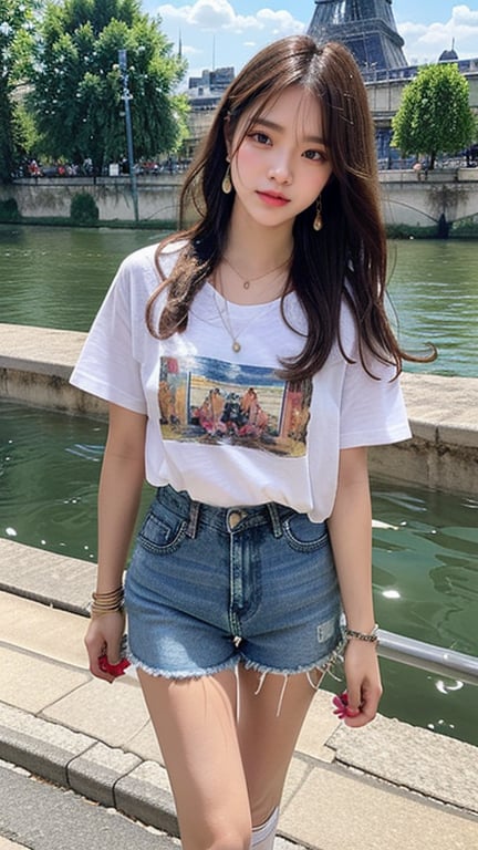 16 year old Korean woman, smiling, long brown hairstyle, simple and fashionable colorful T-shirt and shorts, blue jeans and sneakers, white sneakers, walking on the banks of the Seine River in France, background, earrings, Necklace, 150cm, (Luanmei)