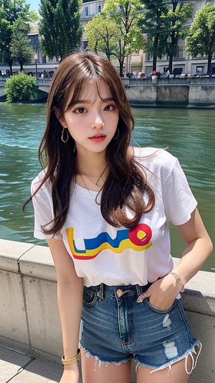 16 year old Korean woman, smiling, long brown hairstyle, simple and fashionable colorful T-shirt and shorts, blue jeans and sneakers, white sneakers, walking on the banks of the Seine River in France, background, earrings, Necklace, 150cm,smile,(Luanmei)