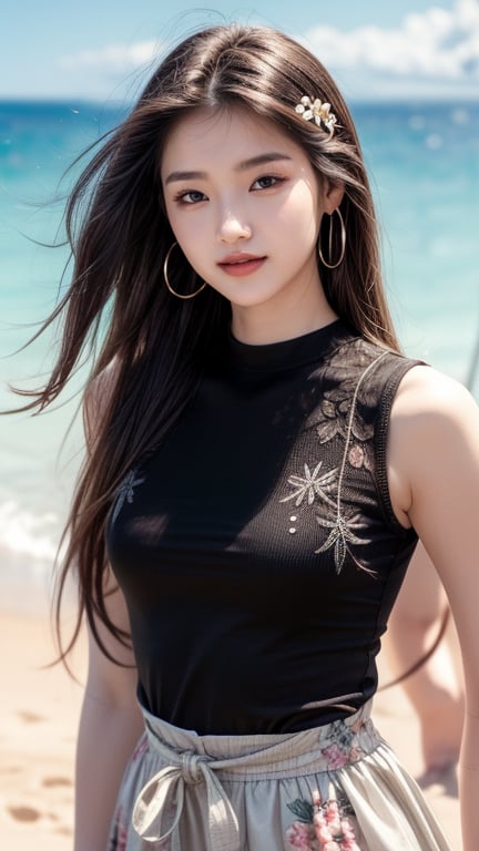 Background is Capri, Italy, sea, horizon, beach, one 16 year old girl, beautiful girl, Korean girl, standing on the beach, wearing a black sleeveless shirt and a white wide skirt (floral pattern). Happy smile, solo, {beautiful detailed eyes}, dark eyes, calm expression, delicate features, ((model pose)), attractive figure, small waist, (black hair), very long hair, Waist-length hair, dreadlocks, pale skin, detailed skin, hairpins, thin grain, real hands, masterpiece, top quality, 32k, vivid colors, photorealistic, super detailed, finely detailed, high resolution, perfect dynamic composition, beautiful detailed eyes, sharp focus, cowboy shot, smile,