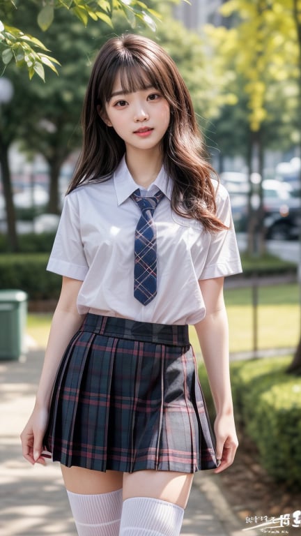 (Masterpiece), (Top Quality), (Super Detailed), (Very Detailed), (Perfect Anatomy), (Super Detailed Skin), (Detailed), (Beautifully Detailed Eyes), 1 Girl, 16 years old, solo, black hair, very long hair, blunt bangs, black eyes, (plaid skirt), skirt, (uniform), (white shirt), (sailor uniform: 1.1), partially white socks, white sneakers , (plaid tie), curvaceous, eyebrows, sideways glance, park, forest and flower garden, body, nice smile, standing,