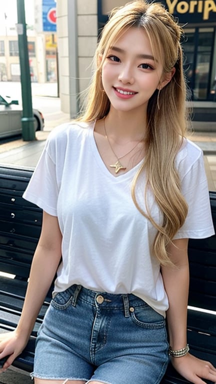 Korean female, 16 years old, long blonde shiny fairy hair, oversized t-shirt in Karaul, shorts, blue jeans, riding on a white car bench, smiling, blue eyes, beautiful face, smiling, loud Laughing, wearing a necklace and earrings, (Luan Mei), smiling,