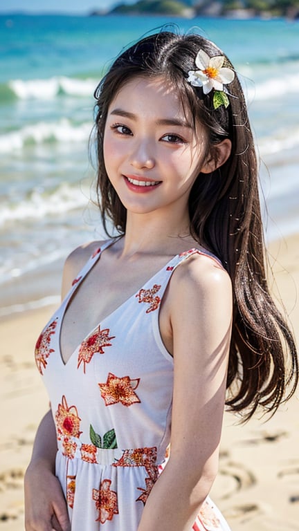 Highly Detailed Eyes, Highly Detailed Face, Top Quality, Tabletop, Highly Detailed, Highly Detailed, (Realistic, Photorealistic: 1.3), Smile, (Looking Ahead), Look at the Beholder, Flower patterned beach dress, 1 girl, beach, swimming, tropical, absurd, attractive, 16 years old, nice smile, hoshi