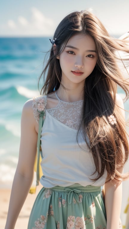 Background is Capri, Italy, sea, horizon, beach, one 16 year old girl, beautiful girl, Korean girl, standing on the beach, wearing a black sleeveless shirt and a white wide skirt (floral pattern). Happy smile, solo, {beautiful detailed eyes}, dark eyes, calm expression, delicate features, ((model pose)), attractive figure, small waist, (black hair), very long hair, Waist-length hair, dreadlocks, pale skin, detailed skin, hairpins, thin grain, real hands, masterpiece, top quality, 32k, vivid colors, photorealistic, super detailed, finely detailed, high resolution, perfect dynamic composition, beautiful detailed eyes, sharp focus, cowboy shot, smile,