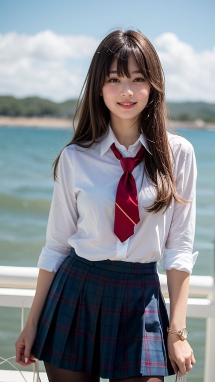 Surreal portrait of a 16 year old girl with long beautiful hair. She wears her school uniform's navy blue blazer over a white shirt, paired with a tartan tie and skirt. She is painting an image. Her brown hair is complemented by her blunt bangs that frame her face. She is standing quietly on the shore near the sea with a gentle smile on her face, her blue eyes radiating warmth. Her modest red ribbon adds a charming touch to her uniform attire. A smile, knee-length tights,