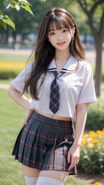 (Masterpiece), (Top Quality), (Super Detailed), (Very Detailed), (Perfect Anatomy), (Super Detailed Skin), (Detailed), (Beautifully Detailed Eyes), 1 Girl, 16 Years Old, Solo, Black Hair, Very Long Hair, Blunt Bangs, Black Eyes, (Plaid Skirt), Skirt, (Uniform), (White Shirt), (Sailor Uniform: 1.1), Partially White Socks, White Sneakers, (plaid tie), curvaceous, eyebrows, sideways glances, park, forest and flower fields, body, nice smile, standing,