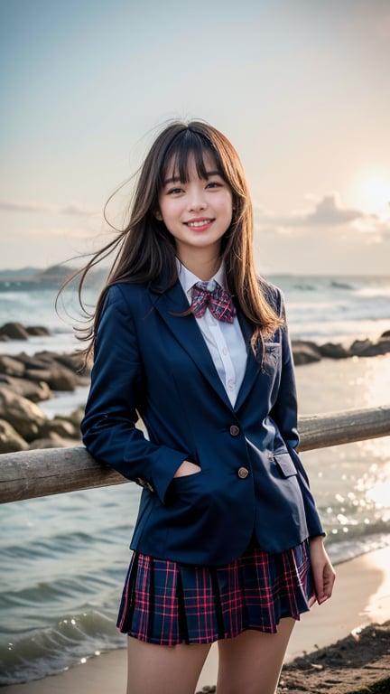 Surreal portrait of an 18 year old girl with beautiful hair. She wears a uniform dark blue blazer over her white shirt, matching it with a tartan plaid tie and tartan skirt. She creates images. Her brown one-length hair is complemented by her blunt bangs that frame her face. She stands calmly on the shore near the sea with a gentle smile, and her blue eyes radiate warmth. A red ribbon in her hair, a lovely smile, teeth,