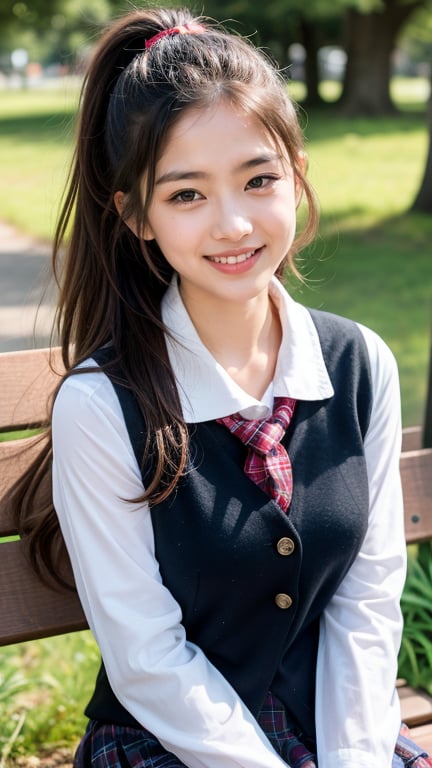 Surreal portrait of a 16 year old girl with long beautiful hair. She wears her school uniform, a sailor suit, with a white shirt, tartan tie, and skirt. She is painting an image. Her hair is in a brown ponytail, she is sitting on a white bench chair in the park, a gentle smile on her face and warmth radiating from her blue eyes. Her discreet red ribbon adds a charming touch to her uniform look. A smile, knee-length tights, a smile,