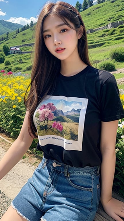 Korean female, 18 years old, long blonde shiny pixie hairstyle, oversized T-shirt, shorts, blue jeans, climbing a mountain with a beautiful flower field, smile, blue eyes, beautiful face,smile,laughing out loud, (Ruan -mei)