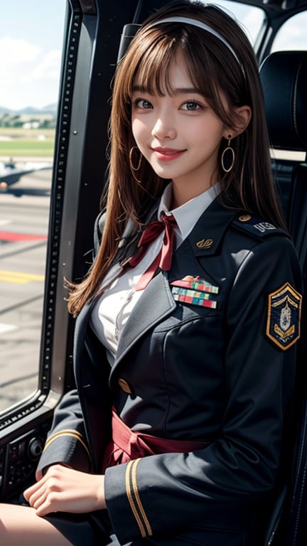 One girl, solo, long hair, looking at the viewer, teeth, smile, bangs, brown hair, realistic, tight pilot uniform, air force military uniform, military jacket, sitting in a helicopter cockpit, realistic, medium size chest, earrings,blue  eyes, lips, ribbon headband, lips, ribbon, realistic, open lips, lips, ribbon, realistic, blurred background, 18 years old,smile,