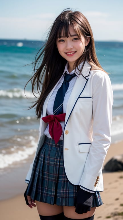 Surreal portrait of a 16 year old girl with long beautiful hair. She wears her school uniform's navy blue blazer over a white shirt, paired with a tartan tie and skirt. She is painting an image. Her brown hair is complemented by her blunt bangs that frame her face. She is standing quietly on the shore near the sea with a gentle smile on her face, her blue eyes radiating warmth. Her modest red ribbon adds a charming touch to her uniform attire. A smile, knee-length tights,