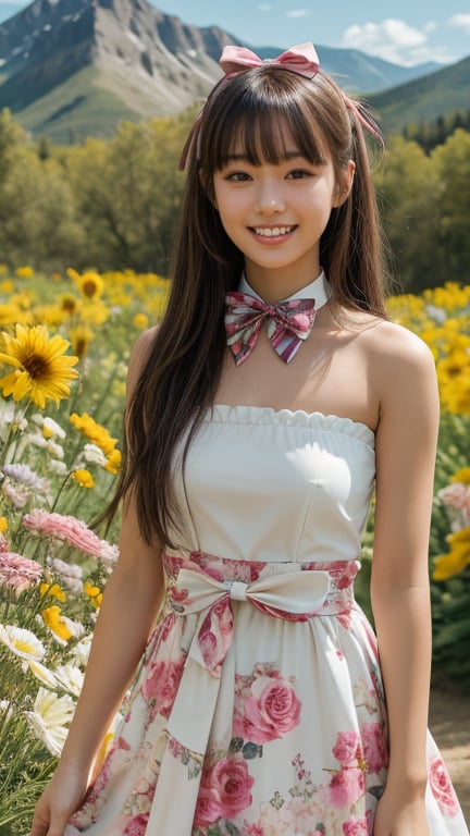 One girl, solo, long hair, looking at the viewer, bangs, brown hair, strapless, colorful floral dress, outdoors, mountain view, in a flower field full of flowers, flowers in hand Has, bowknot, ribbon, hair ribbon, hair band, open lips, bow tie, lips, bowknot, ribbon, realistic, 16 years old, height 150cm, nice smile, teeth, Leonardo