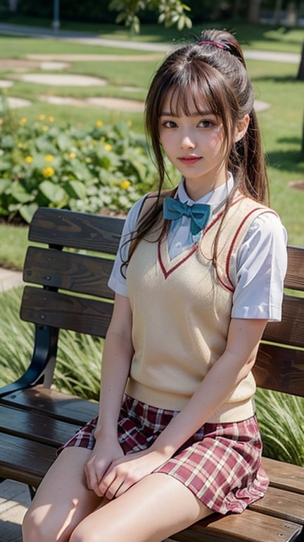 Masterpiece, Top Quality, High Resolution, 1 Female, Solo, Long Hair, Brown Hair, Ponytail, Parted Bangs, Blue Eyes, Uniform, Red Bow Tie, White Shirt, Short Sleeves, Pink Sweater Vest, Tartan Skirt, Sitting, Outdoors, white bench, smile, 16 years old, smiling,