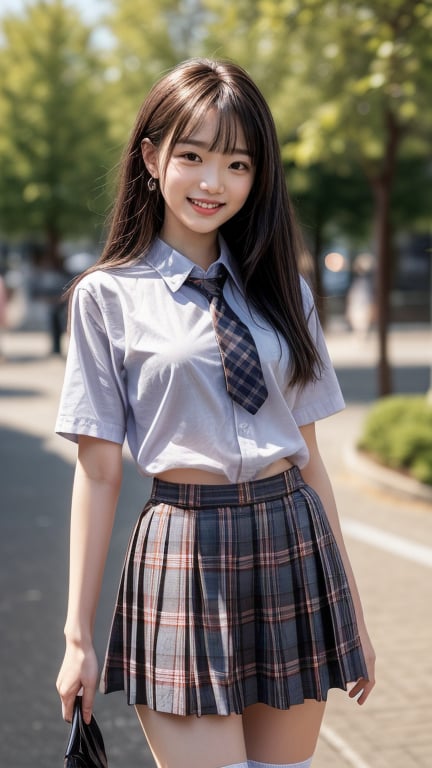 (Masterpiece), (Top Quality), (Super Detailed), (Very Detailed), (Perfect Anatomy), (Super Detailed Skin), (Detailed), (Beautifully Detailed Eyes), 1 Girl, 16 years old, solo, black hair, very long hair, blunt bangs, black eyes, (plaid skirt), (uniform), (white shirt), (sailor uniform: 1.1), partially white socks, white sneakers, ( plaid tie), curvaceous, eyebrows, sideways glances, park, forest and flower garden, nice smile, standing,