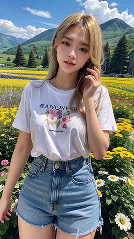 Korean female, 18 years old, long blonde shiny pixie hairstyle, oversized T-shirt, shorts, blue jeans, climbing a mountain with a beautiful flower field, smile, blue eyes, beautiful face,smile, (Ruan -mei)