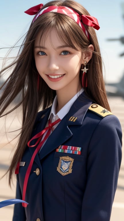 One girl, solo, long hair, looking at the viewer, teeth, smile, bangs, brown hair, realistic, tight uniform, navy uniform, military jacket, aircraft carrier deck, sea, upper body, next to a fighter jet Standing, realistic, middle of the chest, earrings, blue eyes, lips, ribbon headband, lips, ribbon, realistic, open lips, looks good in a fighter jet, 18 years old, has a nice smile,