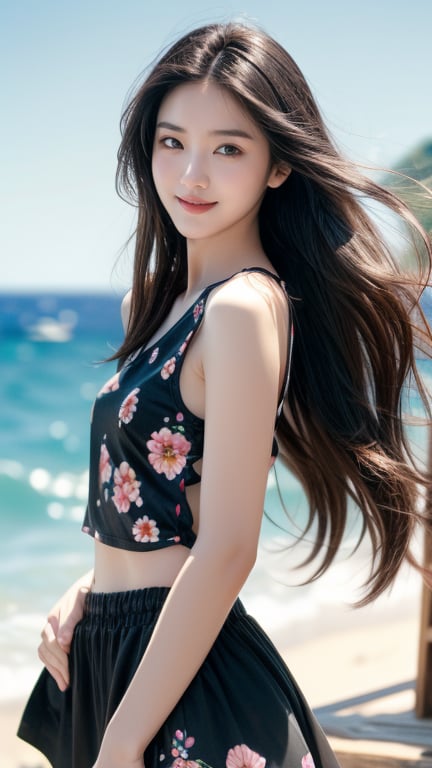 Background is Capri, Italy, sea, horizon, beach, one 16 year old girl, beautiful girl, Korean girl, standing on the beach, wearing a black sleeveless shirt and a white wide skirt (floral pattern). Happy smile, solo, {beautiful detailed eyes}, dark eyes, calm expression, delicate features, ((model pose)), attractive figure, small waist, (black hair), very long hair, Waist-length hair, dreadlocks, pale skin, detailed skin, hairpins, thin grain, real hands, masterpiece, top quality, 32k, vivid colors, photorealistic, super detailed, finely detailed, high resolution, perfect dynamic composition, beautiful detailed eyes, sharp focus, cowboy shot, smile,