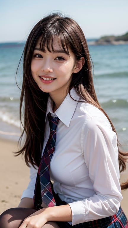 Ultra-realistic portrait of an 18 year old girl with long beautiful hair. She wears a uniform light brown blazer over her white shirt, complete with a tartan tie and tartan skirt. She produces images. Her brown hair is complemented by her blunt bangs that frame her face. She stands calmly on the shore near the sea with a gentle smile, and her blue eyes radiate warmth. Her discreet red ribbon adds a charming touch to her uniform attire. A smile, knee-length tights,