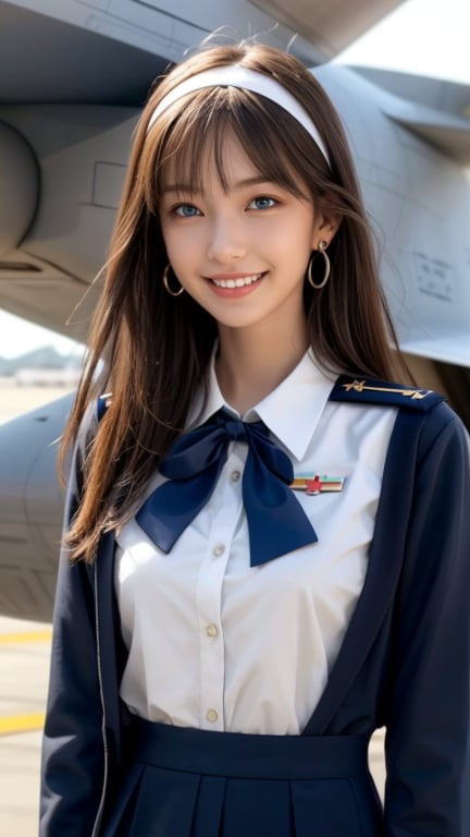 One girl, solo, long hair, looking at the viewer, teeth, smile, bangs, brown hair, realistic, tight uniform, navy uniform, military jacket, aircraft carrier deck, sea, upper body, next to a fighter jet Standing, realistic, middle of the chest, earrings, blue eyes, lips, ribbon headband, lips, ribbon, realistic, open lips, looks good in a fighter jet, 18 years old, has a nice smile,