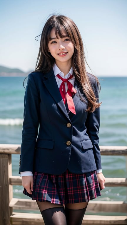 Surreal portrait of a 16 year old girl with long beautiful hair. She wears her school uniform's navy blue blazer over a white shirt, paired with a tartan tie and skirt. She is painting an image. Her brown hair is complemented by her blunt bangs that frame her face. She is standing quietly on the shore near the sea with a gentle smile on her face, her blue eyes radiating warmth. Her modest red ribbon adds a charming touch to her uniform attire. A smile, knee-length tights,