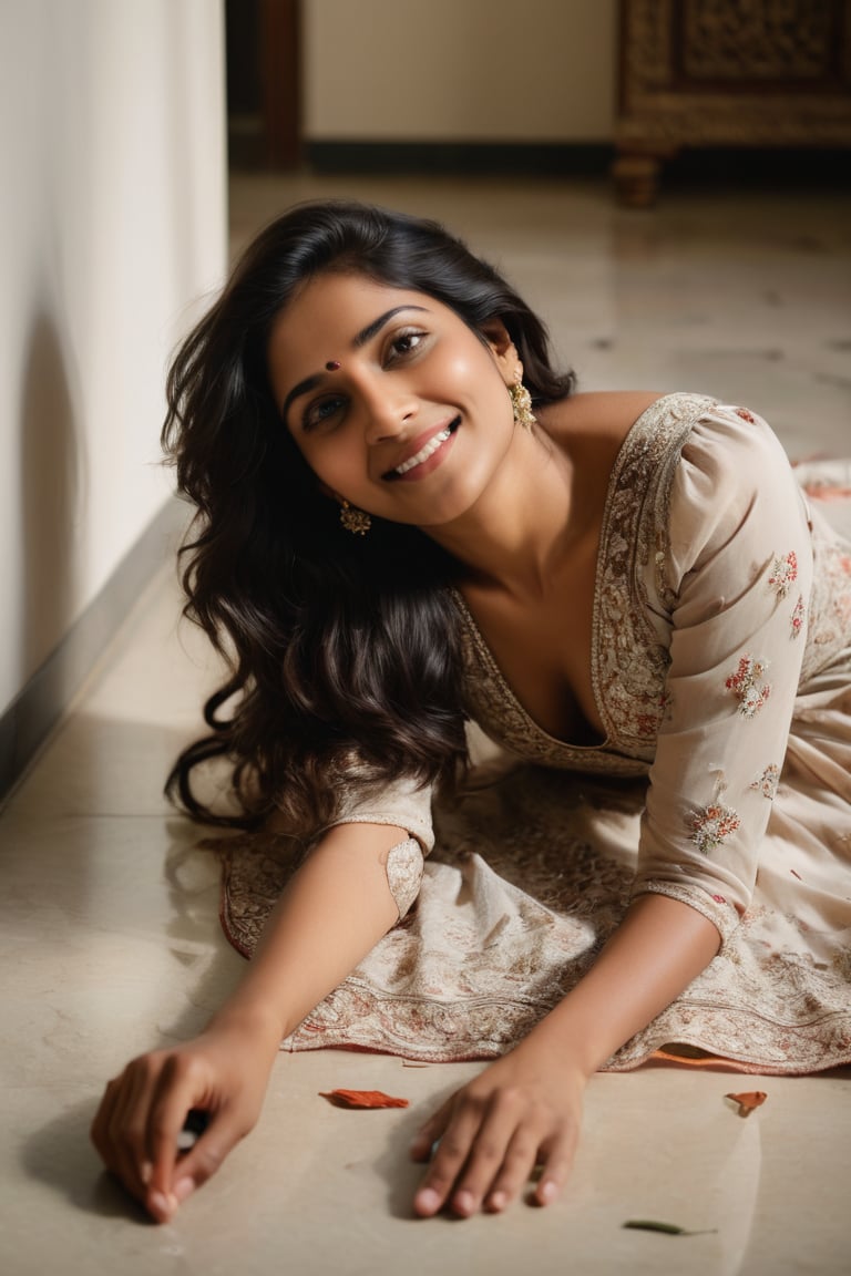 A young Indian woman lies down on a neutral-colored floor, her modern dress subtly torn to reveal a glimpse of skin as she smizes at the camera. Her beautiful face is tilted upwards, making gentle eye contact with the viewer from a low-angle perspective. One leg is bent and lifted, with about one-third of it exposed in a playful pose, inviting the audience into her intimate space.