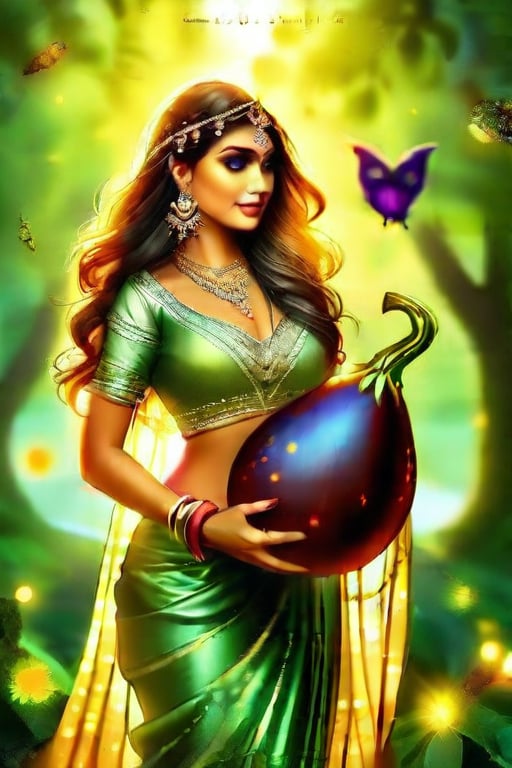 A close-up photo of a beautiful, sensual female Indian in a translucent gown with a deeply plunging neckline. She is holding a  large eggplant. The elf is backlit by God's rays of sunlight. The background is a forest with glowing fireflies and a deer in the distance. The image has a bokeh effect.,Ailie,photorealistic