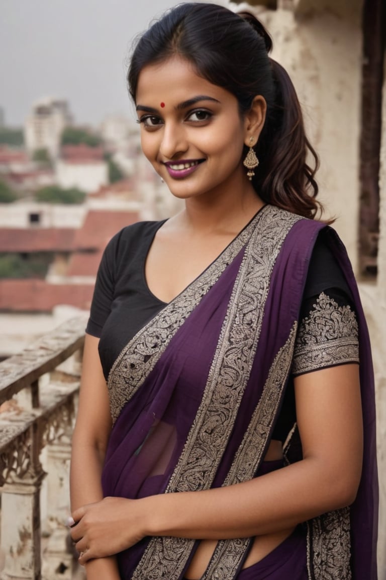 A captivating photo of a young Indian woman with dark, slightly messy hair styled in a loose ponytail. She dons a black V-neck blouse and a stunning purple sari with intricate patterns, elegantly draped over her shoulder. Large, ornate silver earrings accent her face, and her bright smile exudes joy and serenity. The natural lighting suggests an outdoor setting, possibly a rooftop or balcony, with a metal staircase and door nearby. The atmosphere evokes happiness and tranquility.,Extremely Realistic,Kasturi