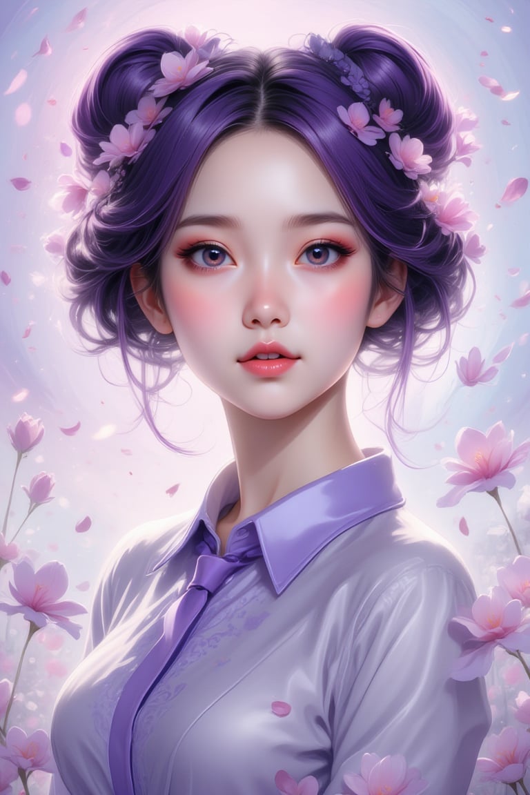 face of purple haired chinese girl wearing suit with pastel Baby's Breath flowers around her, petals falling, romantic sweet, sparkles