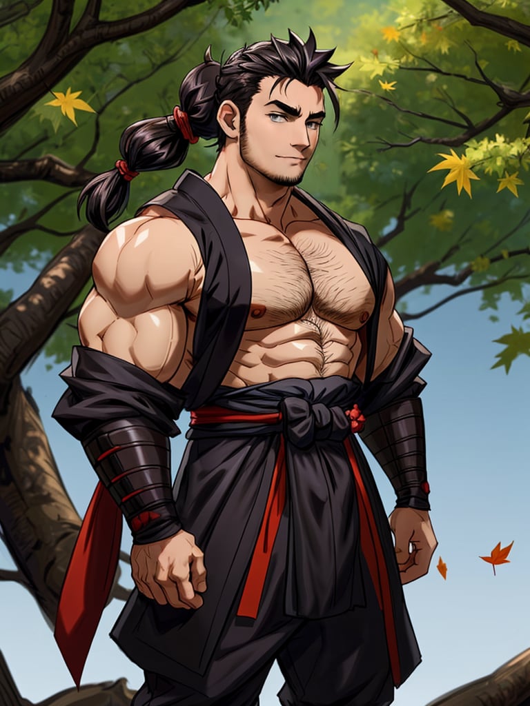 1man, samurai, handsome, protruding pecs, stubbles, japanese samurai clothing, black_hair, brown eyes, Hair tied back, few locks of hair hang down on the forehead, katana at waist, maple leaf scattered in the air, wind, dynamic angle, Masterpiece,  Intricate details,  hdr,  depth of field,  (full body view),  Portrait, open cloth, take off top cloth to waist, show chest, show abs, body hair, hairy chest,best quality,(1man)