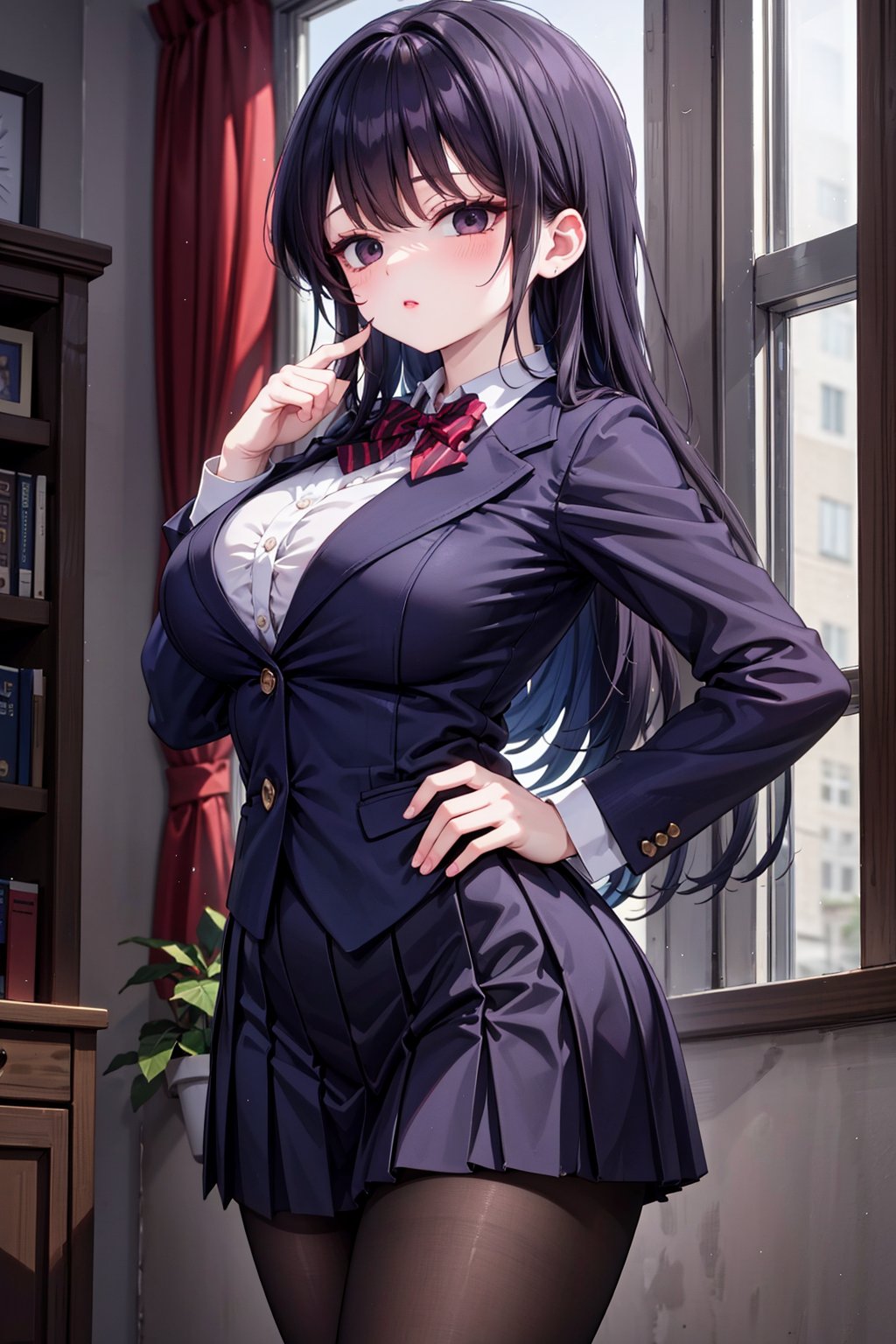 Komi Shouko stands confidently in front of a subtle, blurred background, her long black hair styled with sidelocks and swept bangs framing her striking features. Her piercing black eyes sparkle beneath her thick eyelashes. She wears a crisp school uniform consisting of a blue blazer, collared white shirt, and red striped bow tie. The medium-sized breasts are subtly accentuated by the fitted shirt. A diagonal-striped bow adorns the front of the blouse, adding a touch of whimsy to the overall design. The long sleeves and red pleated skirt create a striking contrast, while black pantyhose adds a hint of sophistication. She completes her look with comfortable loafers, showcasing her confident demeanor.,BIG BOOB,HOT,HOT WOMAN