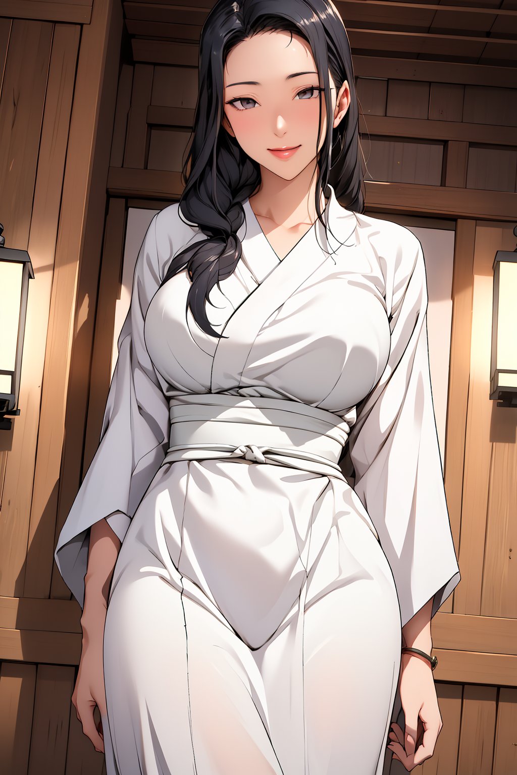 A serene dusk settles over a traditional Japanese house, its wooden slats warm under the soft glow of lanterns and starlight. A mature woman stands confidently, from head to toe clad in sandals, her striking features illuminated by the gentle ambiance. Her black hair cascades down her back, purplish-gray eyes gleam with warmth, and rosy cheeks flush with a subtle smile. A luxurious white kimono with gray lines drapes elegantly over her curvaceous figure, drawing attention to her prominent derrière as she proudly displays it to the viewer. The air is intimate and alluring, inviting the gaze to linger on her well-defined legs and toned physique, framed by the serene evening atmosphere.